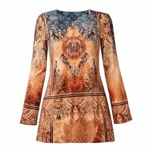 New Directions Womens Long Sleeve Boho Print Rhinestone Tunic Top Brown Blue M